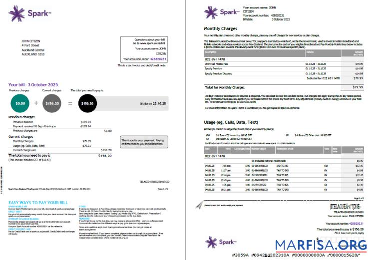 Realistic New Zealand Spark utility bill template in Word and PDF formats, 2 pages